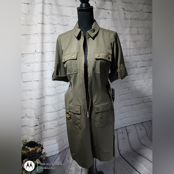 Short Sleeve Full Body Zipper Midi ShiftDress OliveDrab - Picture 10 of 16
